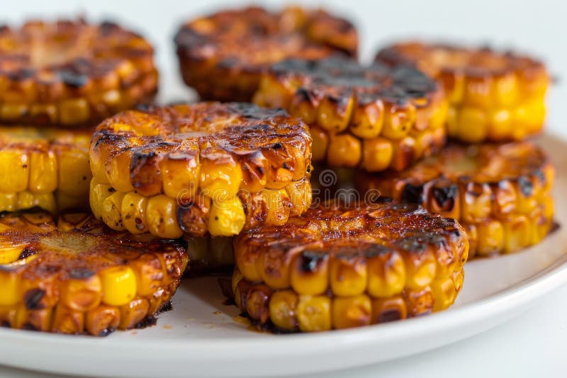 Maisscheiben, gegrillt, mit Bruchkerben auf weißer Platte. Neuronales Netzwerk AI generiert stockbild