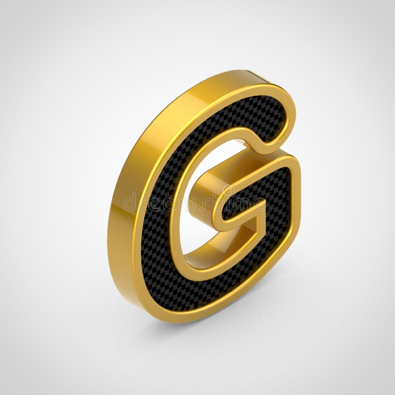 Golden letter G uppercase with black carbon fiber face texture. 3D rendering isometric font isolated on white background. Golden letter G uppercase with black carbon fiber face texture. 3D rendering isometric font isolated on white background.