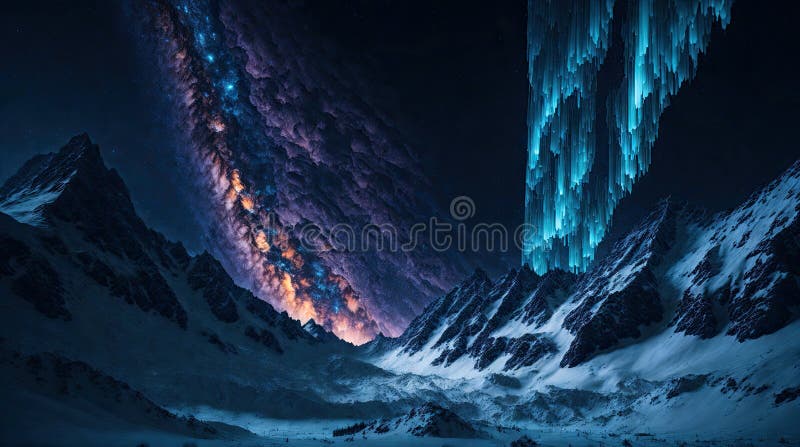 Majestatyczna aurora borealis nad snowcapped. Ta ilustracja jest generowana z miłością w użyciu różnych oprogramowania cyfrowego i narzędzi do generowania reklam. ilustracja wygenerowana przez ai. doświadczyć zapierającego dech w piersiach piękna natury z tym oszałamiającym wizerunkiem gór śnieżnych i migoczącą aurorą borealis na nocnym niebie. niech spokój tego majestatycznego krajobrazu zainspiruje was do odkrywania świata wokół was.