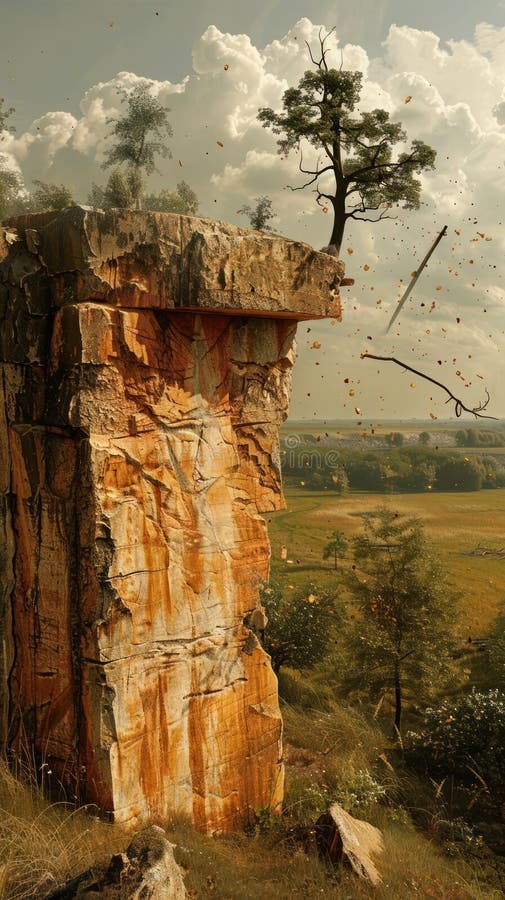 Majestatyczne drzewo cliffside na skalistym wylocie w mroźnym jesiennym dniu sfotografowane w jasnym krajobrazie wiejskim z widoki ilustracja wektor