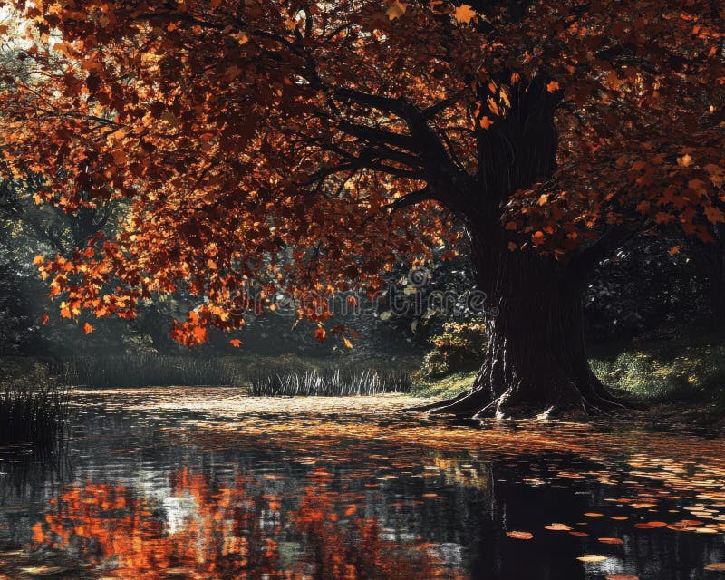Majestatyczne drzewo z rozsiewaniem liści czerwonych i pomarańczowych fotografia stock