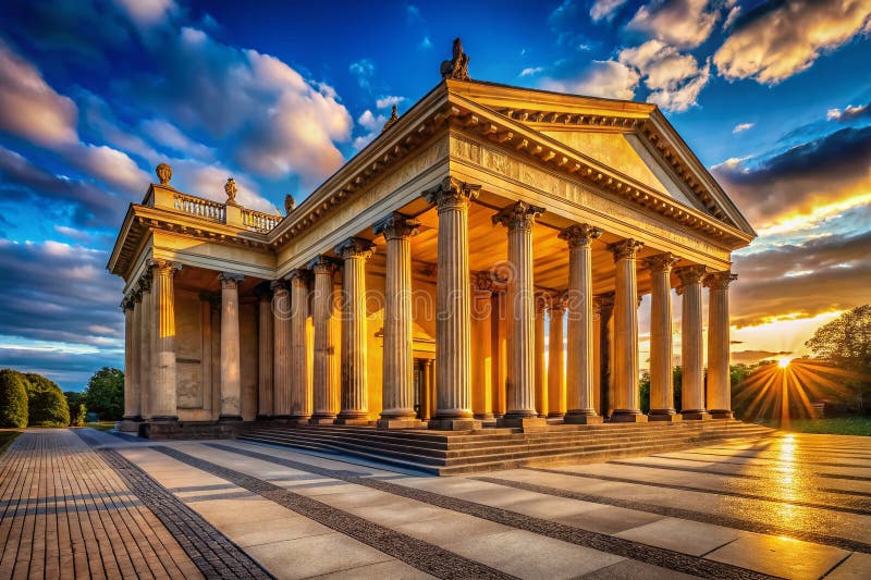 Majestatyczny historyczny budynek panoramiczny widok architektonicznego grandeur odsłaniający ponadczasowy protico ilustracja wektor