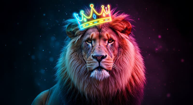 Majestatyczny lew Panthera jest pokazany z błyszczącą neonową koroną na głowie. royalty ilustracja
