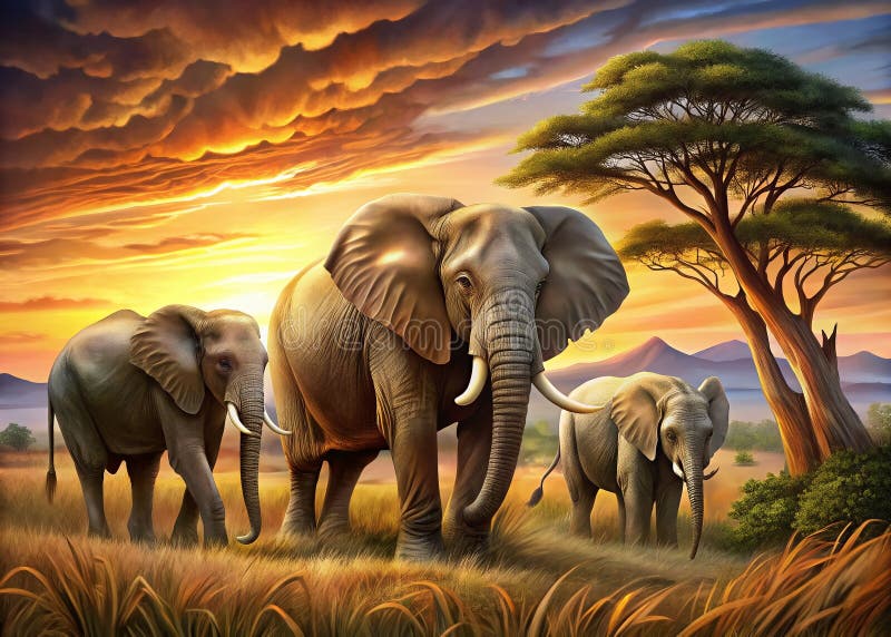 Majestic African Elephant Family Encounters in Kenyas Tsavo nationalpark A Big Fem Safari Adventure royaltyfri illustrationer