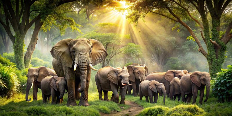 Majestic African Elephant Herd in a Lush Tropical Forest Habitat a Stunning Wildlife Photography royaltyfri illustrationer
