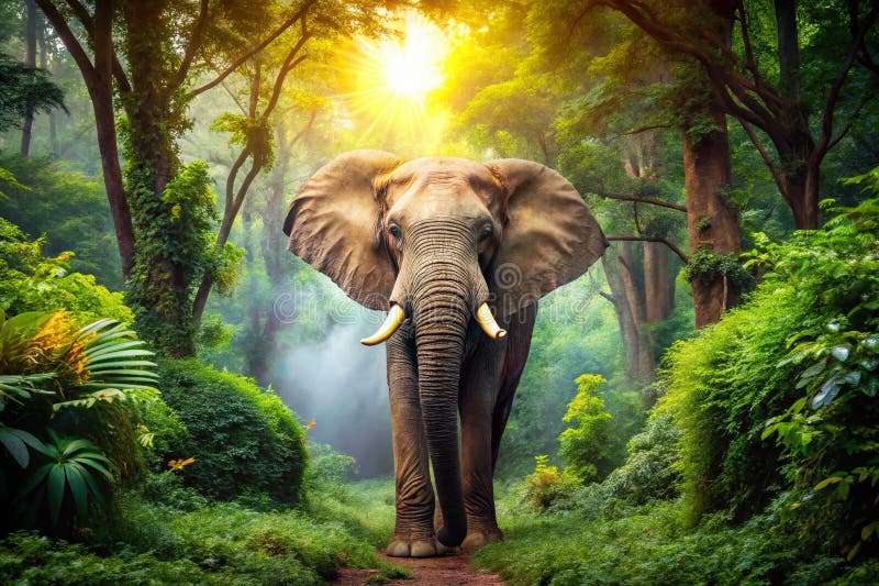 Majestic African Forest Elephant Roams Lush Green African Forest A Powerful Symbol of Wildlife Conservation stock illustrationer