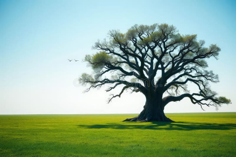 Majestic Ancient Tree in Meadow stock illustration
