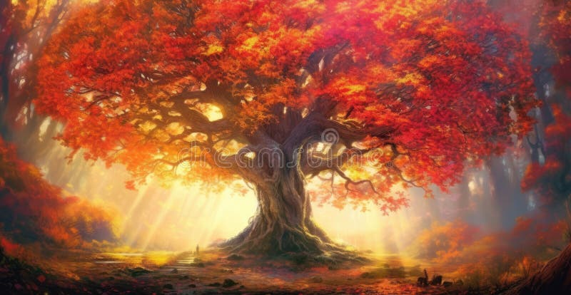 Majestic ancient tree with red foliage in autumn forest, generative AI illustration stock illustration