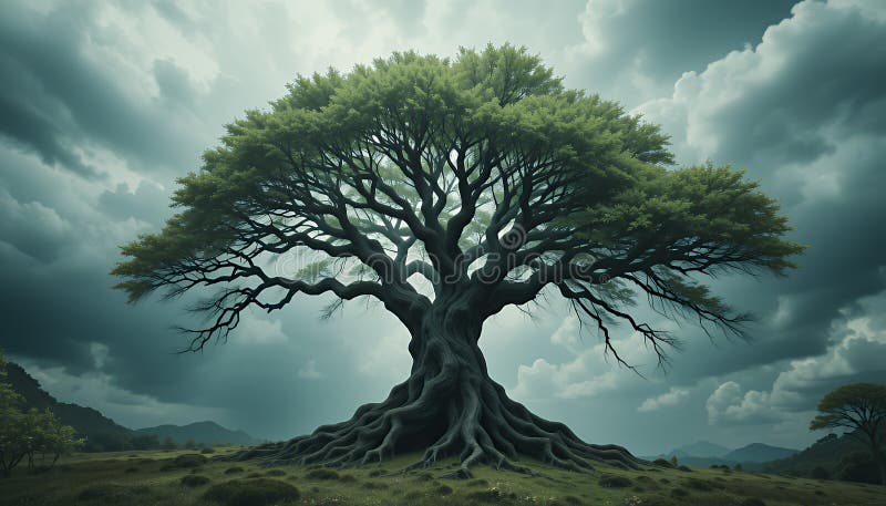 Majestic Ancient Tree Under Stormy Sky Pixel Art vector illustration