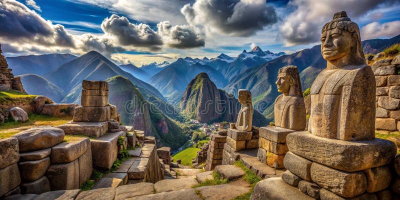 Majestätiskt andinskt bergslandskap med intrikata Cusco-stenstatyer: Ett bevis på Inka-arvet vektor illustrationer