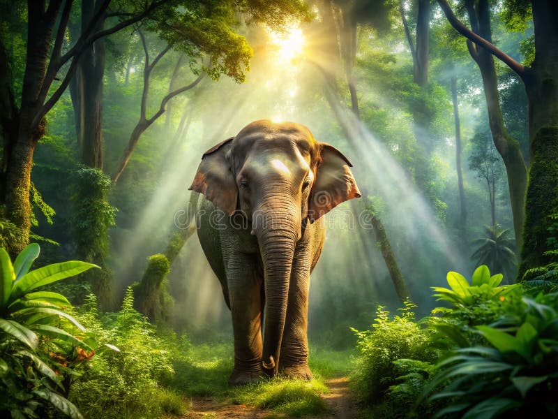 Majestic Asian Elephant in Lush Jungle A Stunning Wildlife Image Hämtar Regel Composition Technique royaltyfri illustrationer