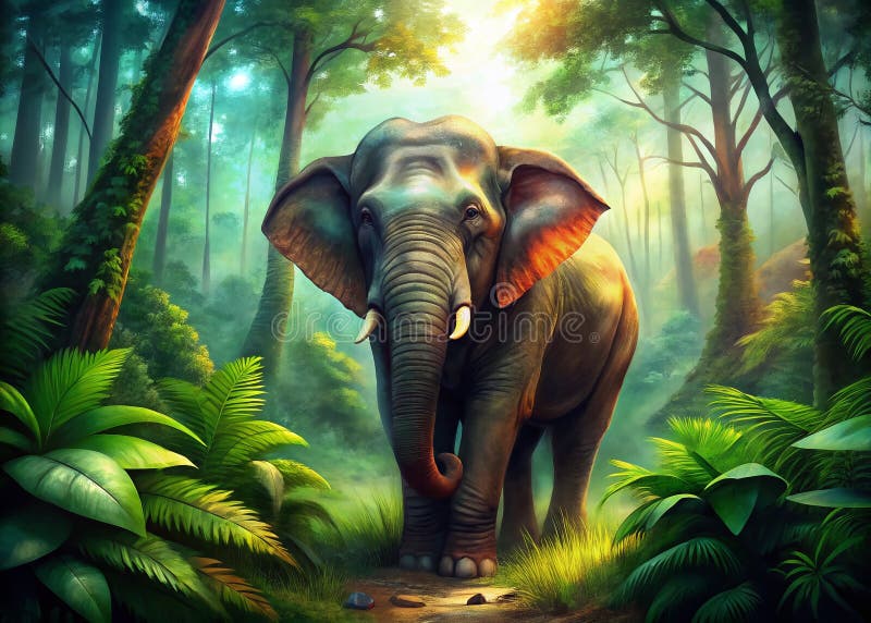 Majestätisk asiatisk elefant som vandrar genom en frodig tropisk skog: En fantastisk detaljerad bild som fångar skönheten i vilda stock illustrationer