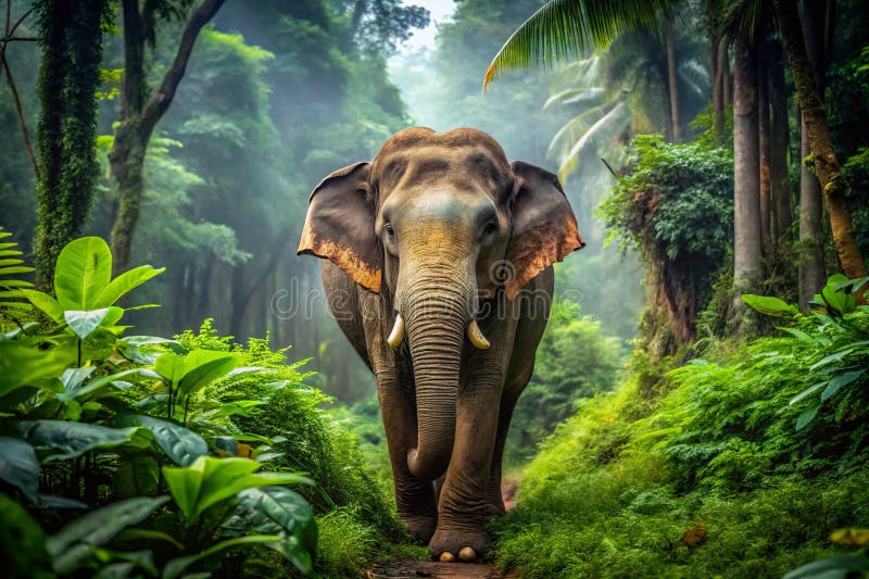 Majestic Asian Elephant Solitary in Verdant Forest A Breathtake DocumentaryStyle Capture of Wildlife in its Natural stock illustrationer