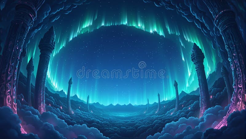 Majestic aurora borealis dansant dans un ciel fascinant de minuit une scène magique avec un cercle tranquille vide en son coeur illustration libre de droits