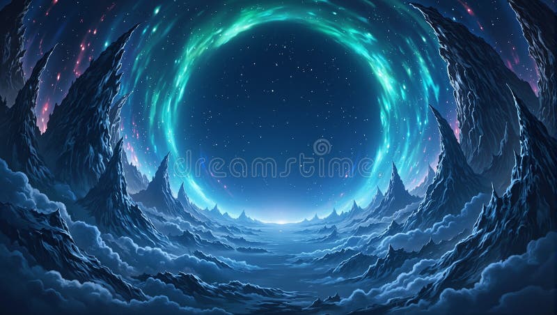 Majestic aurora borealis dansant dans un ciel fascinant de minuit une scène magique avec un cercle tranquille vide en son coeur illustration stock