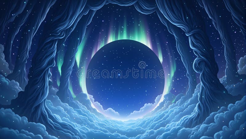 Majestic aurora borealis dansant dans un ciel fascinant de minuit une scène magique avec un cercle tranquille vide en son coeur illustration de vecteur