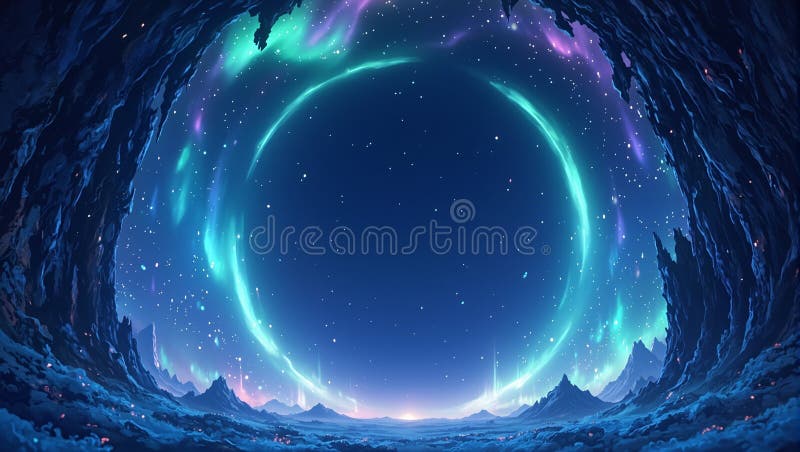 Majestic aurora borealis dansant dans un ciel fascinant de minuit une scène magique avec un cercle tranquille vide en son coeur illustration de vecteur