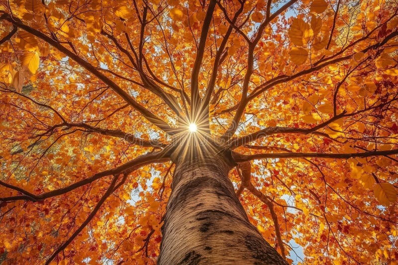Majestic Autumn Tree with Sunbeams Shining Through royalty free illustration
