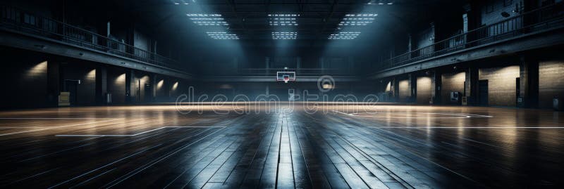 'Majestic basketball court', som är mörkt belyst genom att slå vitt och blått ljus arkivbild