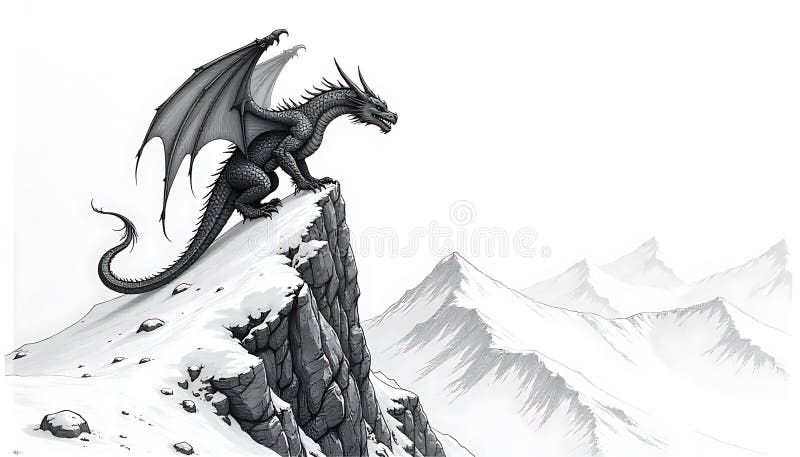 Majestic Black Dragon pe Snowy Mountain Peak stock illustration