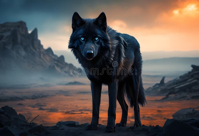 Majestic Black Wolf at Sunset Dramatic Desert Landscape stock illustration