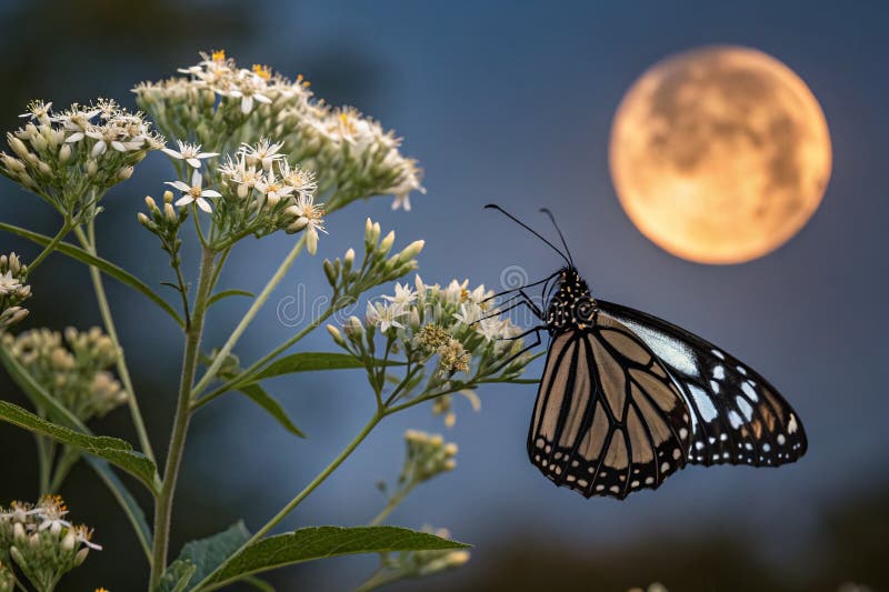 Majestic BlackVeined Tiger Butterfly Perched on a Moonlit Flower A Night Photography Masterpiece Capturing Natures vector illustration