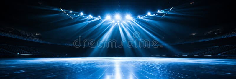 'Majestic blank basketball court' som lyser med lysande vita ljus i en stor arena royaltyfri fotografi
