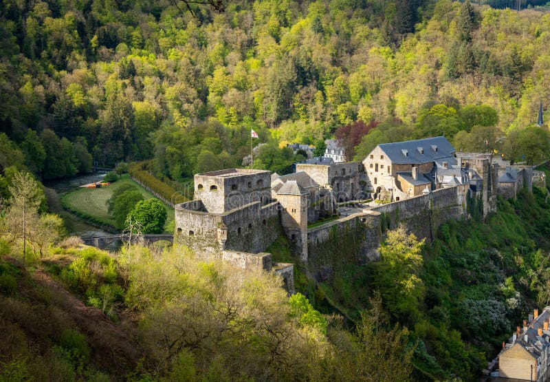 Bouillon Castle and Semois river in belgian Ardennes seen from the hilltop. Bouillon Castle and Semois river in belgian Ardennes seen from the hilltop
