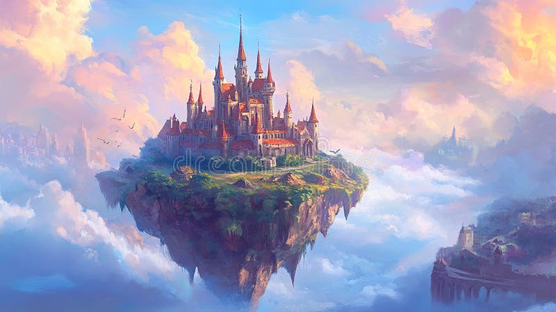 Château fantastique sur une île flottante dans les nuages