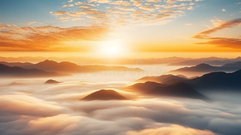 Majestic celestial sunrise, golden rays piercing dramatic sky above misty landscape stock images