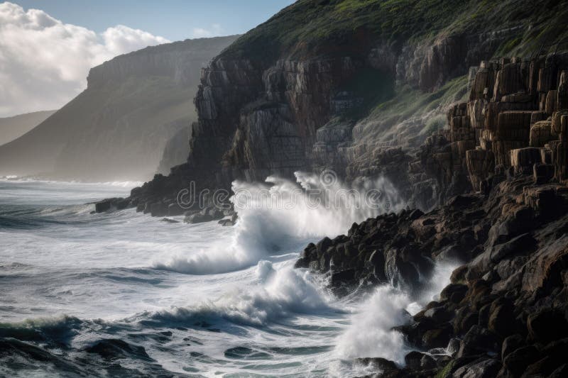 majestic coastal cliffs, with waves crashing against the rocks below