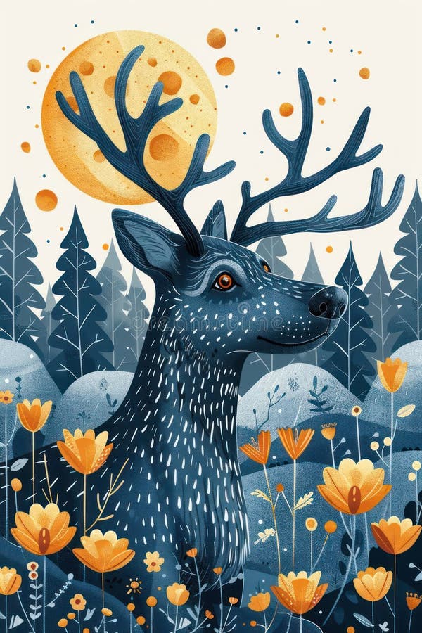 Majestic Dark Blue Deer mit Antlern im Blumenfeld unter dem Mond lizenzfreie abbildung