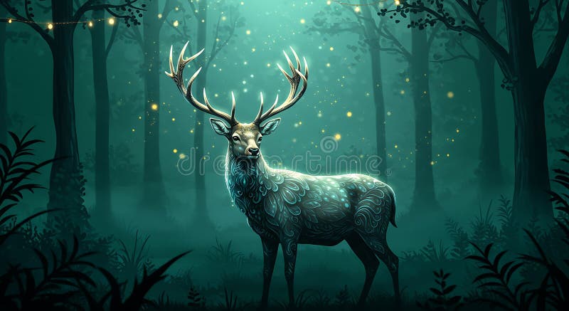 A majestic deer with elaborate, glowing antlers stands in an enchanting forest. It vector illustration