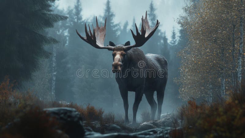 Majestic Elche in einem Nebelwald lizenzfreie abbildung