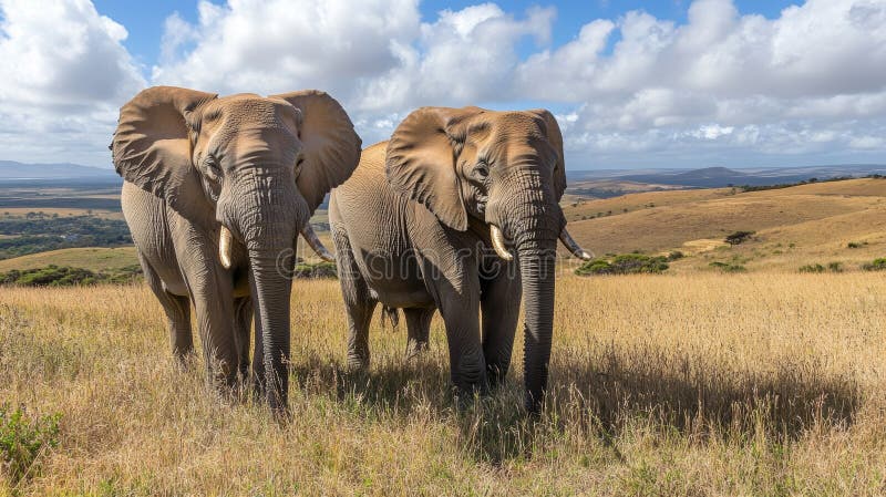 Majestic Elephant Bulls Roaming Lush Green Background in South Africas Eastern Cape royaltyfri illustrationer