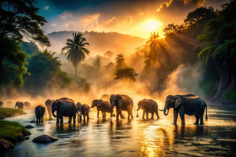 Majestic Elephant Herd Crosses a Jungle River at Dusk A Stunning Visual of Wildlife in Action royaltyfri illustrationer