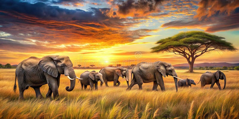 Majestic Elephant Herd Embraces the Serengeti Plains of Tanzania Africa vektor illustrationer
