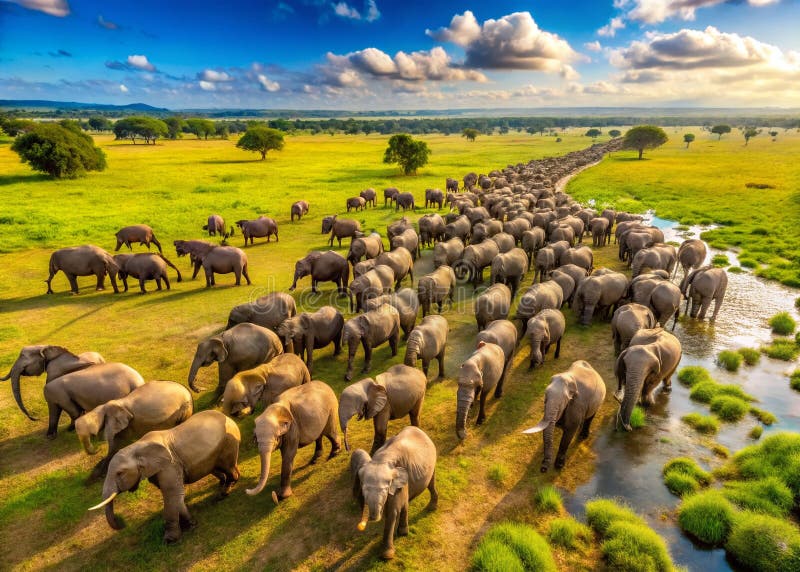 Majestätisk elefantflock betar på den afrikanska savannen Ett flygperspektiv på bevarandeinsatser för vilda djur stock illustrationer