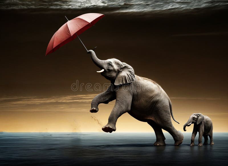 A majestic elephant walking on the beach, carrying an umbrella vector illustration
