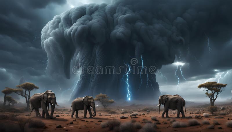 Majestic Elephants Confronting Natures Fury. Generative AI. A group of powerful elephants stands stoically in front of a massive tornado, their majestic presence contrasting with the swirling chaos of natures destructive force. The elephants appear grounded and unyielding as they face the powerful storm head-on. AI generated