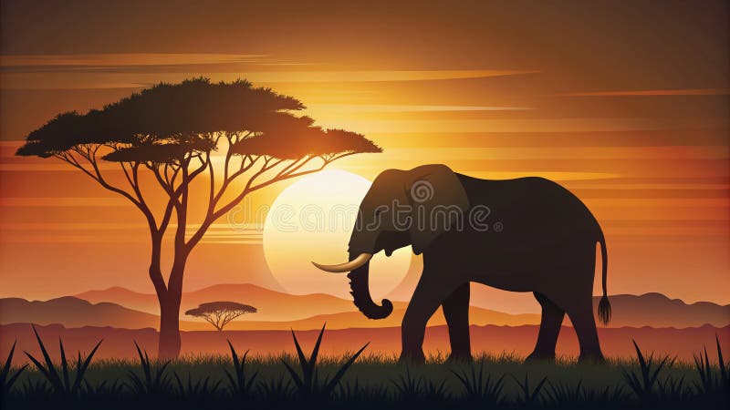 Majestic Endangered African Elephant in a Minimalist Savanna A Flat Illustration for Conservation Awareness stock illustrationer