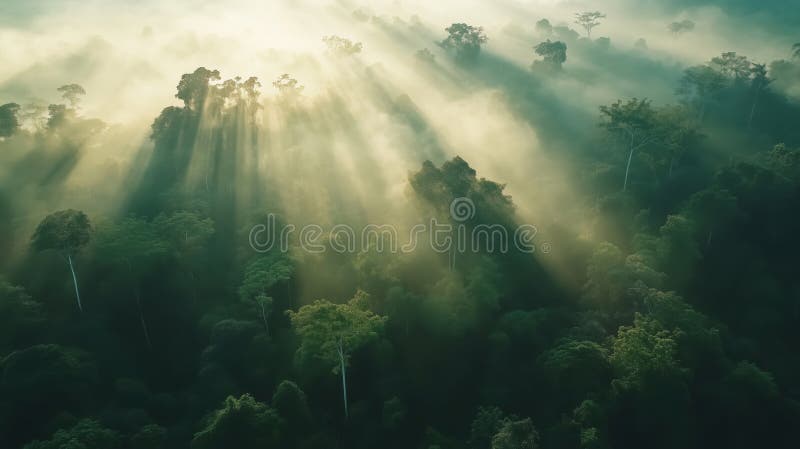 Majestic forest landscape with sunlight rays piercing through misty canopy stock photography