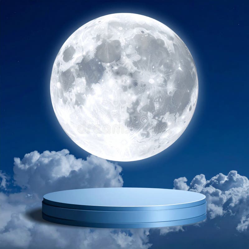 Majestic Full Moon Above Blue Stage Against Cloudy Blue Night Sky vector illustration