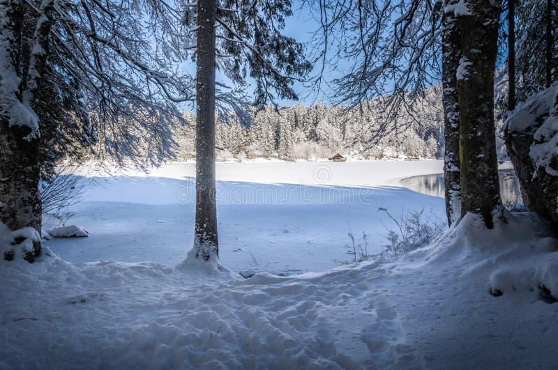 Majestic Fusine lake glowing by sunlight, Italy royalty free stock photos Majestic Fusine lake glowing by sunlight, Italy royalty free stock photos