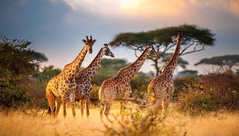 Majestic Giraffes Grazing im Serengeti Nationalpark Während eines atemberaubenden Sonnenuntergangs vektor abbildung