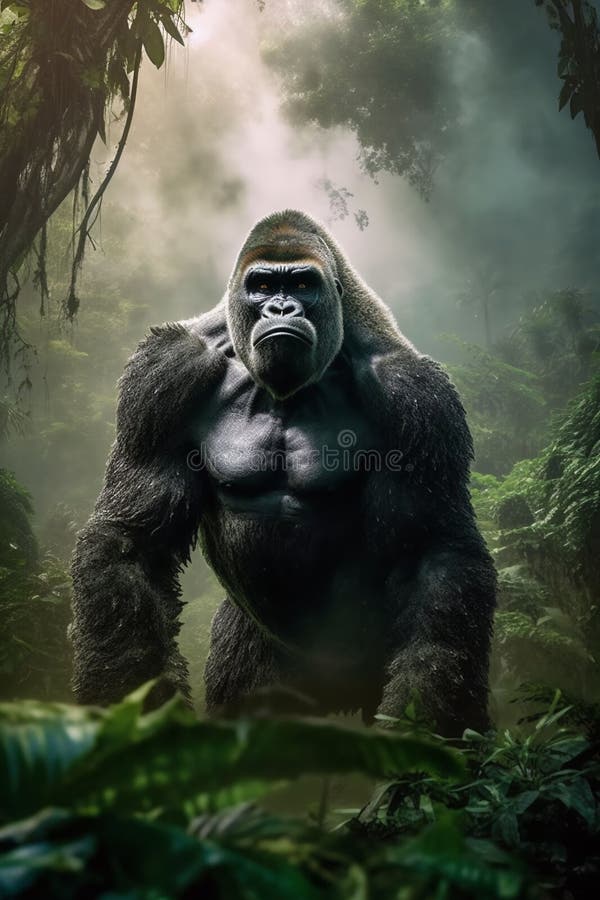 Majestic Gorilla Stands in a Lush Tropical Jungle. AIgenerated Stock