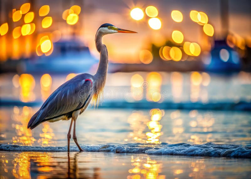 Majestic Great Blue Heron on on Chesapeake Bay Shore FishBoats Blududded in Stunning Background Bokeh stock illustrationer