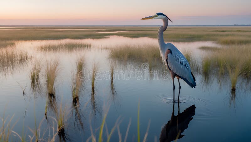 Majestic Great Blue Heron vid Sunrise i Marsh stock illustrationer