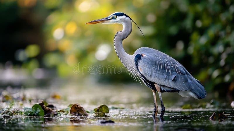 Majestic Grey Heron Wading through Calm Wats in Soft Light royaltyfri illustrationer