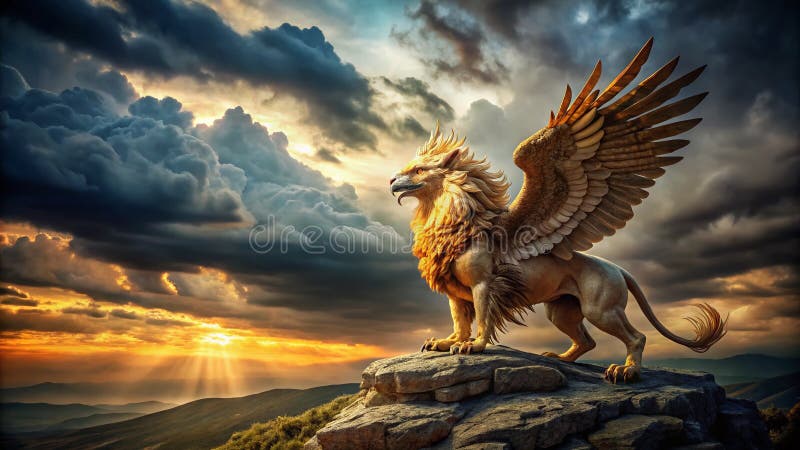 Majestic Griffin Soaring på en Hilltop under ett Dramatic Cloudy Sky en häftig bild av en Mythical EagleLion vektor illustrationer